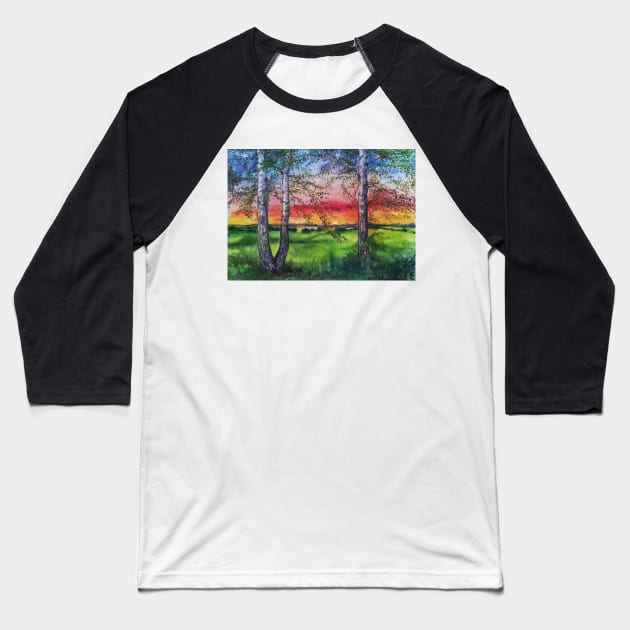 Summer Sunset Over the Meadow and Birch Trees Baseball T-Shirt by Anthropolog